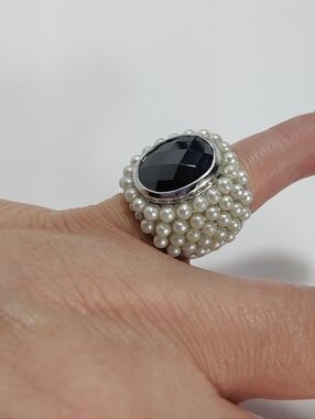 Lauren G Adams Pearl Cluster Ring Black Faceted Stone Statement Ring Silver Tone